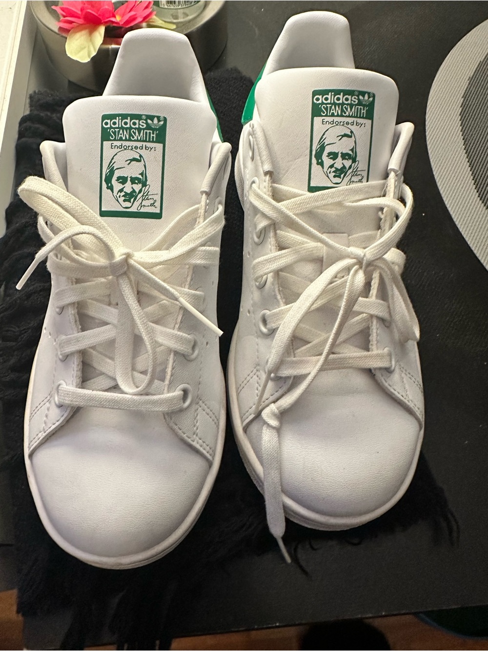 adidas Kids White Leather Sneakers with Green Heel Tab